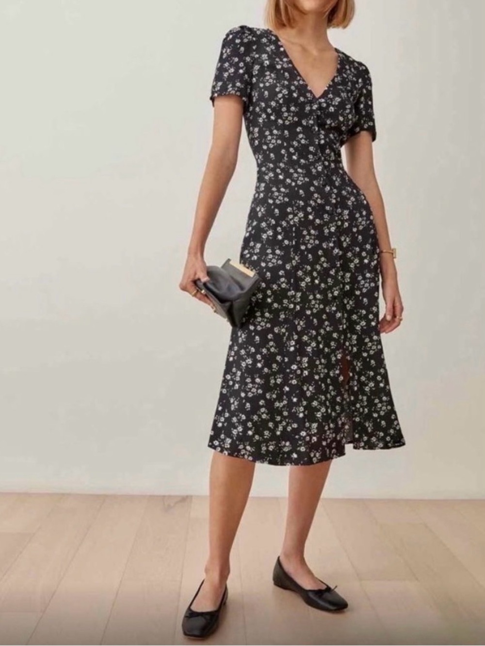Reformation Locklin Jasmine Black White Floral Midi Dress 12 Feminine Ditsy